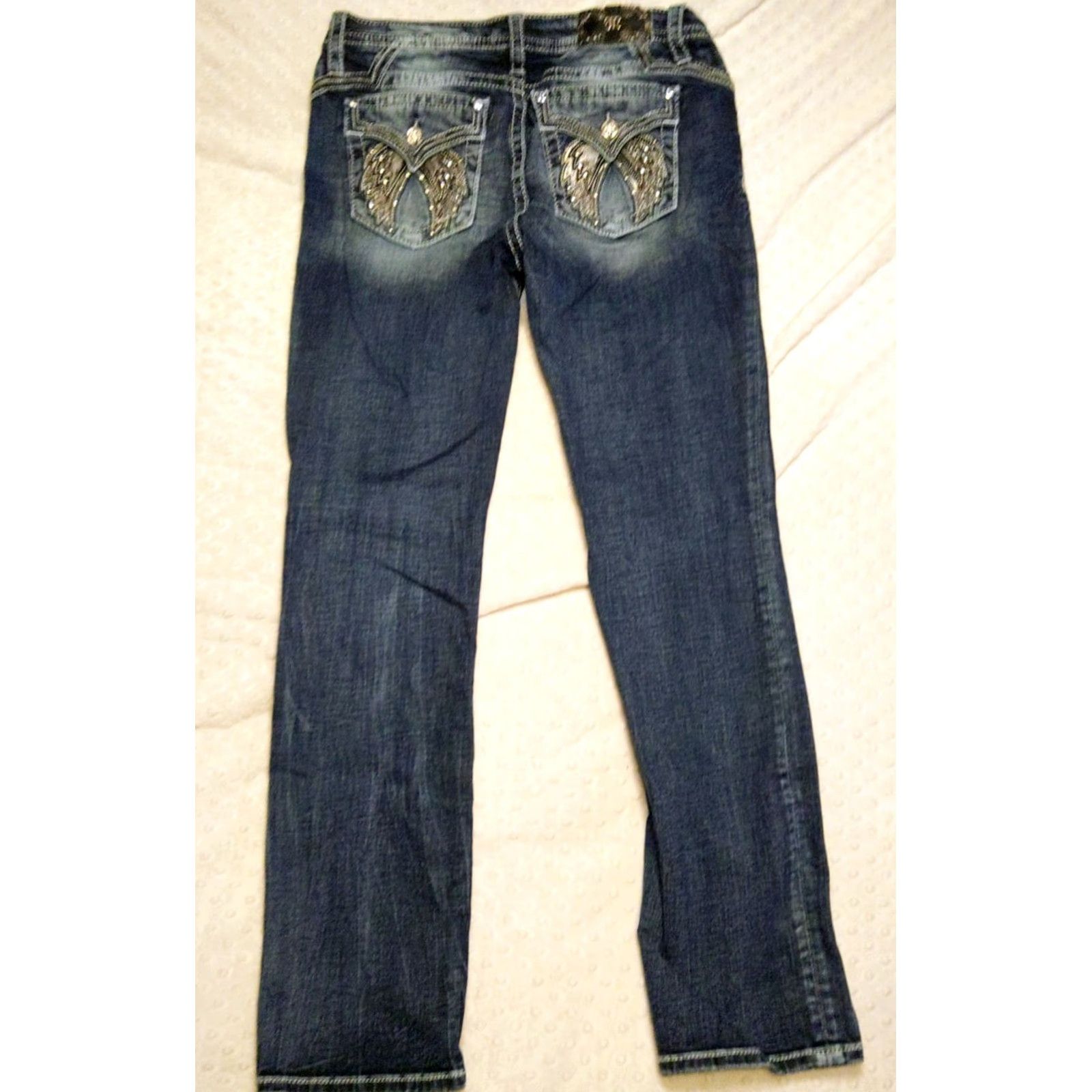Miss Me Miss Me Rhinestone Embellished Size 31 Signature Straight Low Rise Jeans 33x31 Blue Denim Wild Western Cowboy Rock 5-Pocket Womens Jeans Size 24" / US 00 / IT 34 - 7 Thumbnail