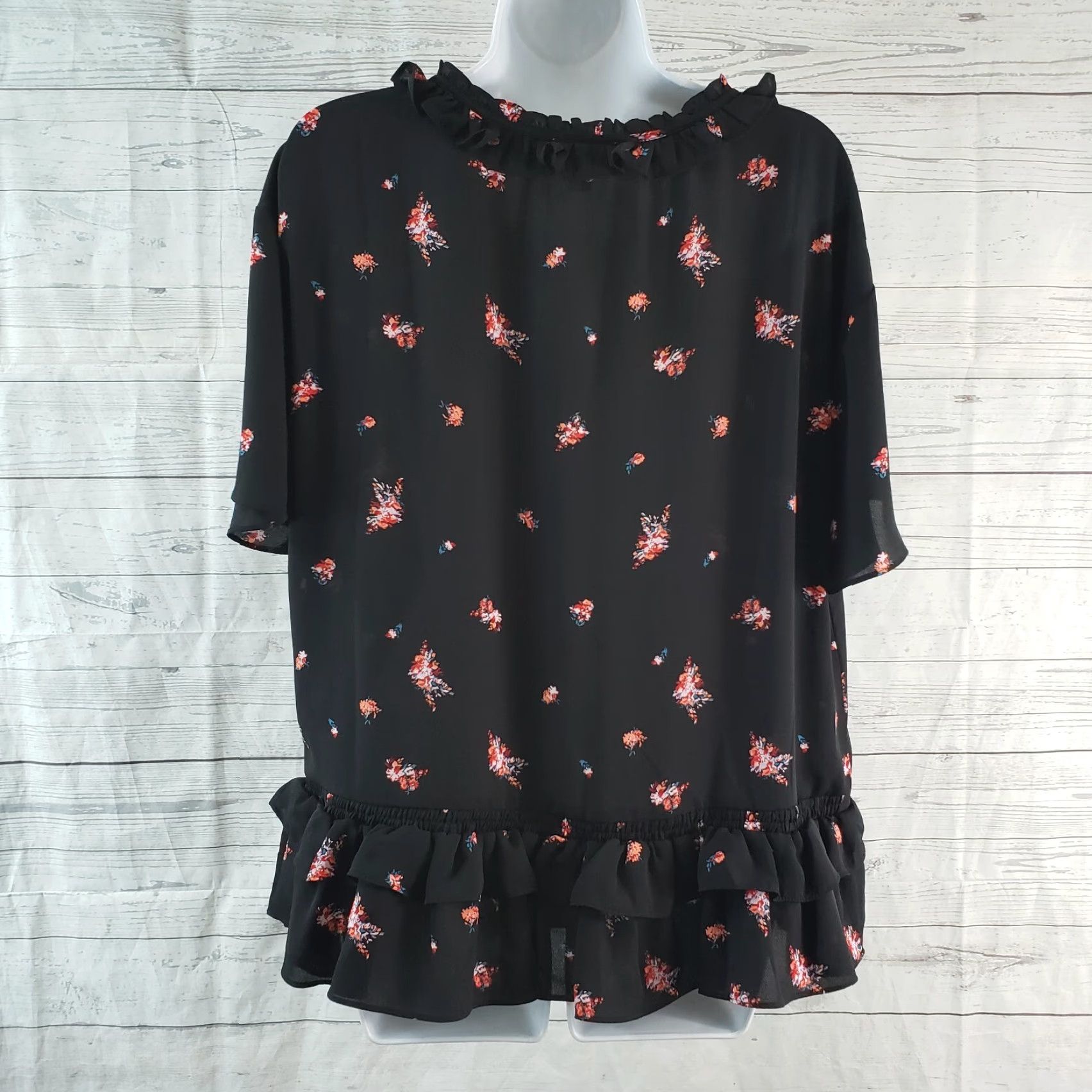 Pinko Chelsea28 Womens Blouse Sz Large Black Pink Floral Ruffle Semi Sheer Size L / US 10 / IT 46 - 4 Thumbnail