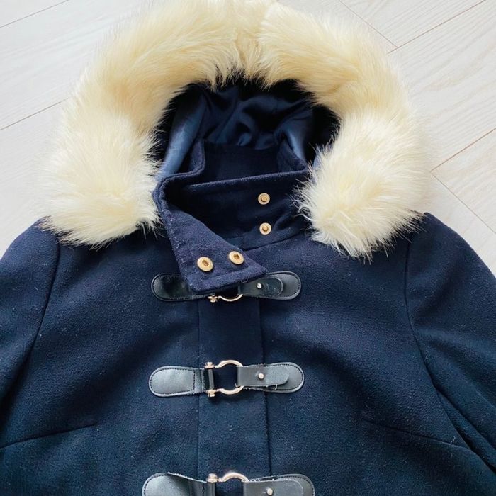 Topshop navy coat with fur clearance hood