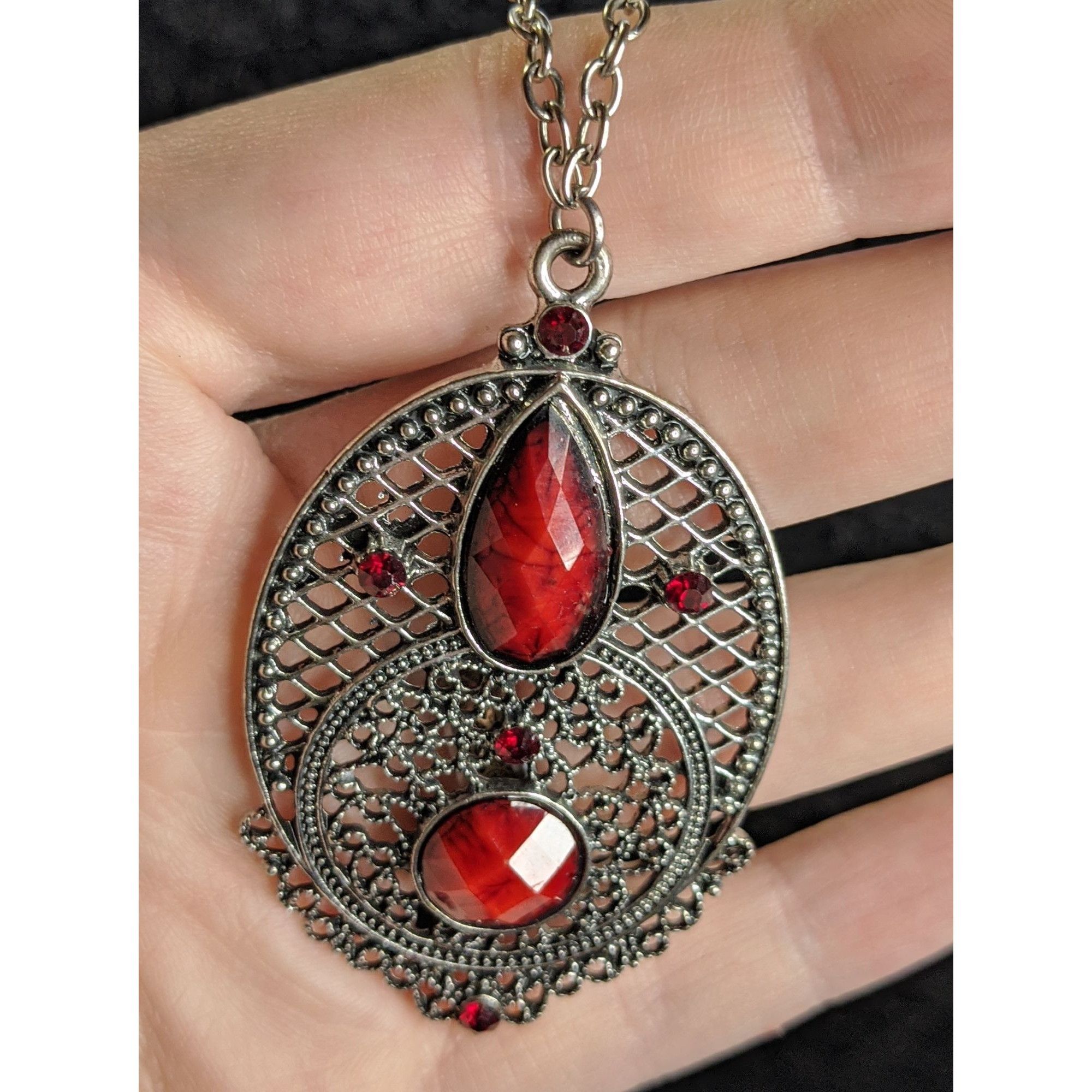 Other Gothic Oval Pendant Necklace With Red Faux Gemstones & Filig Size ONE SIZE - 5 Thumbnail