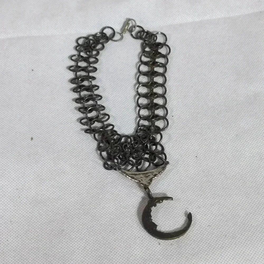 Vintage One of a kind Chainmail Crescent Moon Necklace barrel clasp Size ONE SIZE - 2 Thumbnail