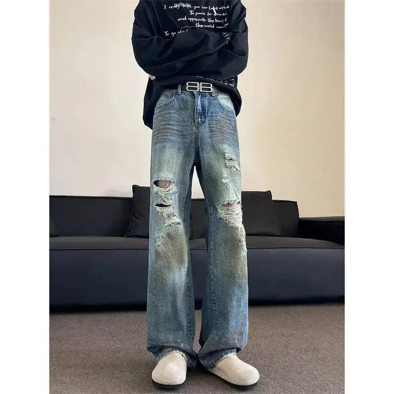 Japanese Brand Retro loose wide leg dirty dyed ripped jeans Size US 32 / EU 48 - 1 Thumbnail