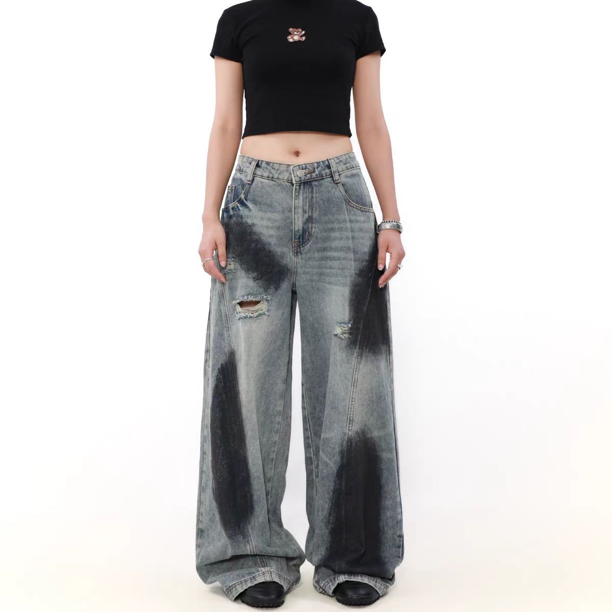 Japanese Brand × Jean High Street Ink Splash Ripped Washed Straight Leg Jeans Size US 30 / EU 46 - 3 Thumbnail