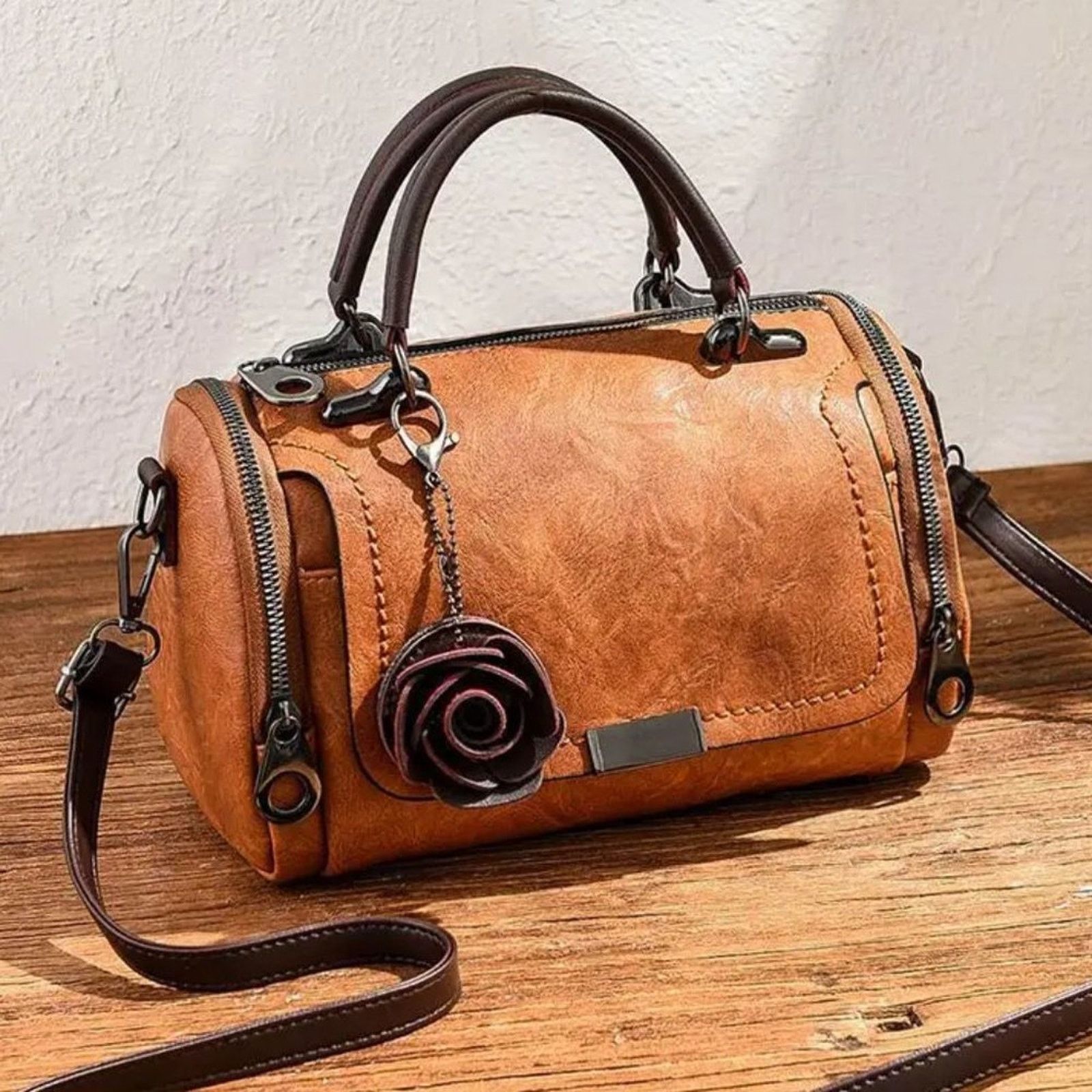 Other Vintage Boston Satchel Bag w/Flower Pendant - Yellow Brown Size ONE SIZE - 2 Thumbnail