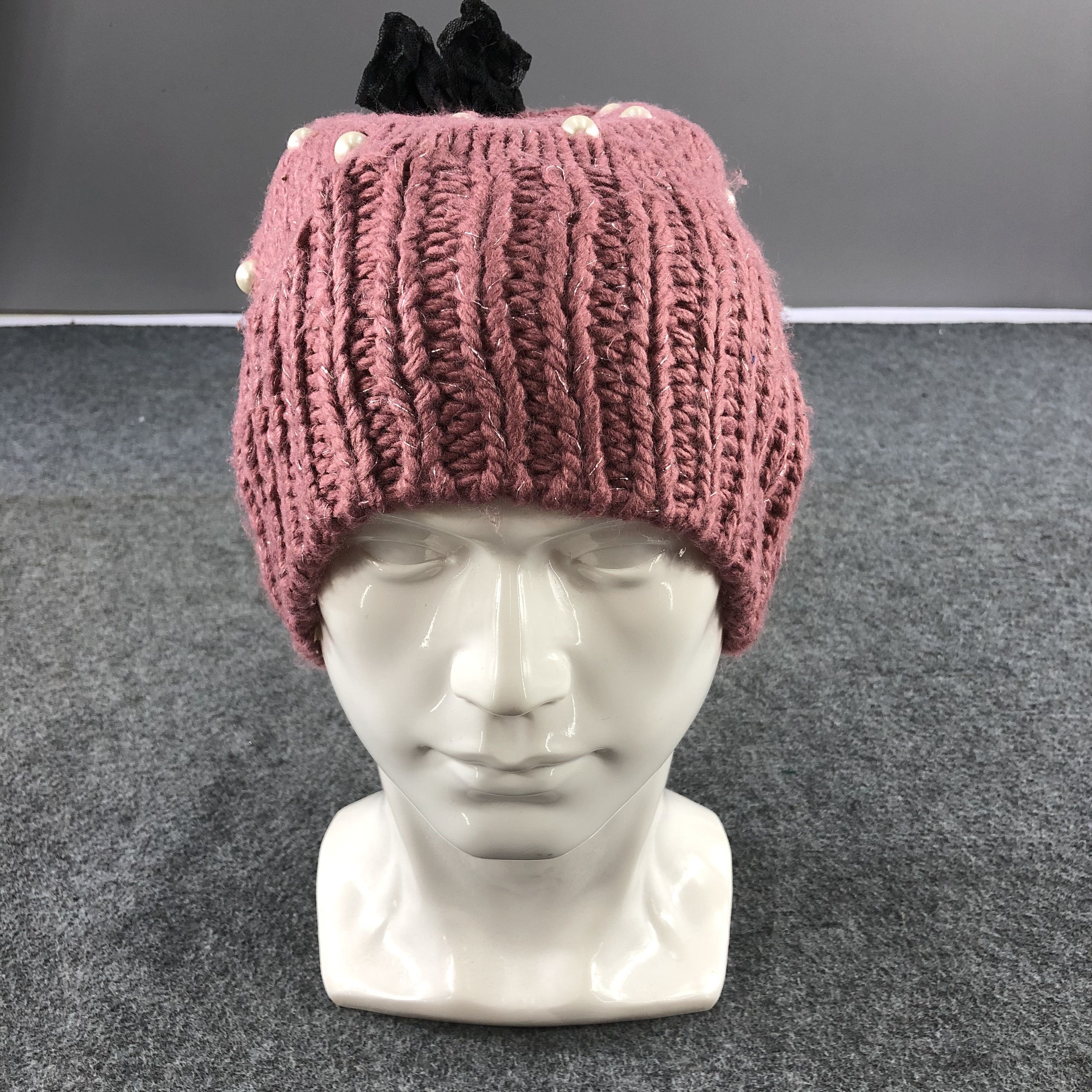 Japanese Brand Pink Knit Beads Crochet Beanie Snowcap Snow Hat B422 Size ONE SIZE - 1 Thumbnail