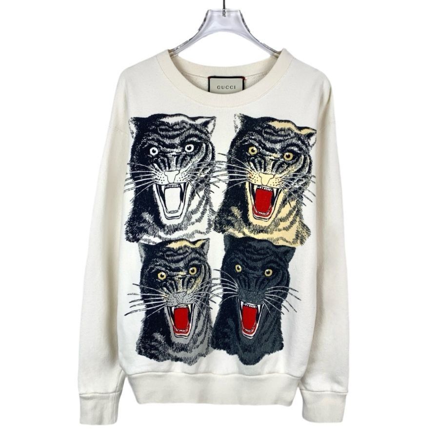 Gucci [Gucci] Tiger Head Print Beige Cotton Long-Sleeve Hoodie XS Size XS / US 0-2 / IT 36-38 - 1 Thumbnail
