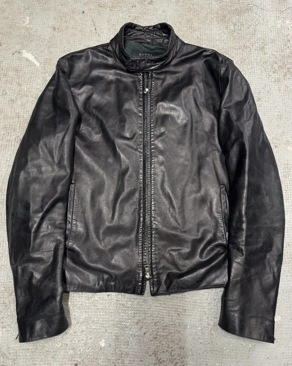 ジャケット・アウター AW2004 GUCCI Tom Ford leather jacket AW2004 Gucci Black Cafe Moto Biker Leather Jacket by Tom