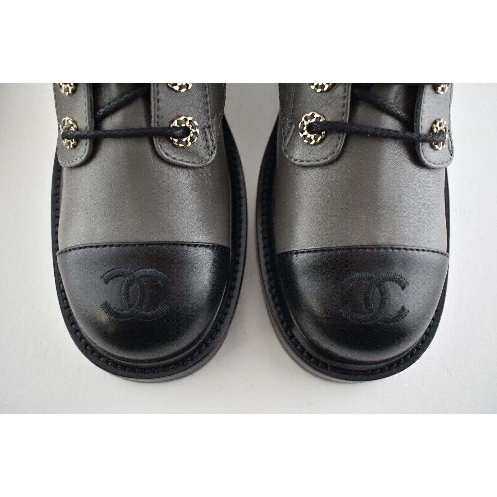 Chanel Chanel 21A Grey Black Quilted CC Chain Combat Lace Up Size US 5.5 / IT 35.5 - 6 Thumbnail