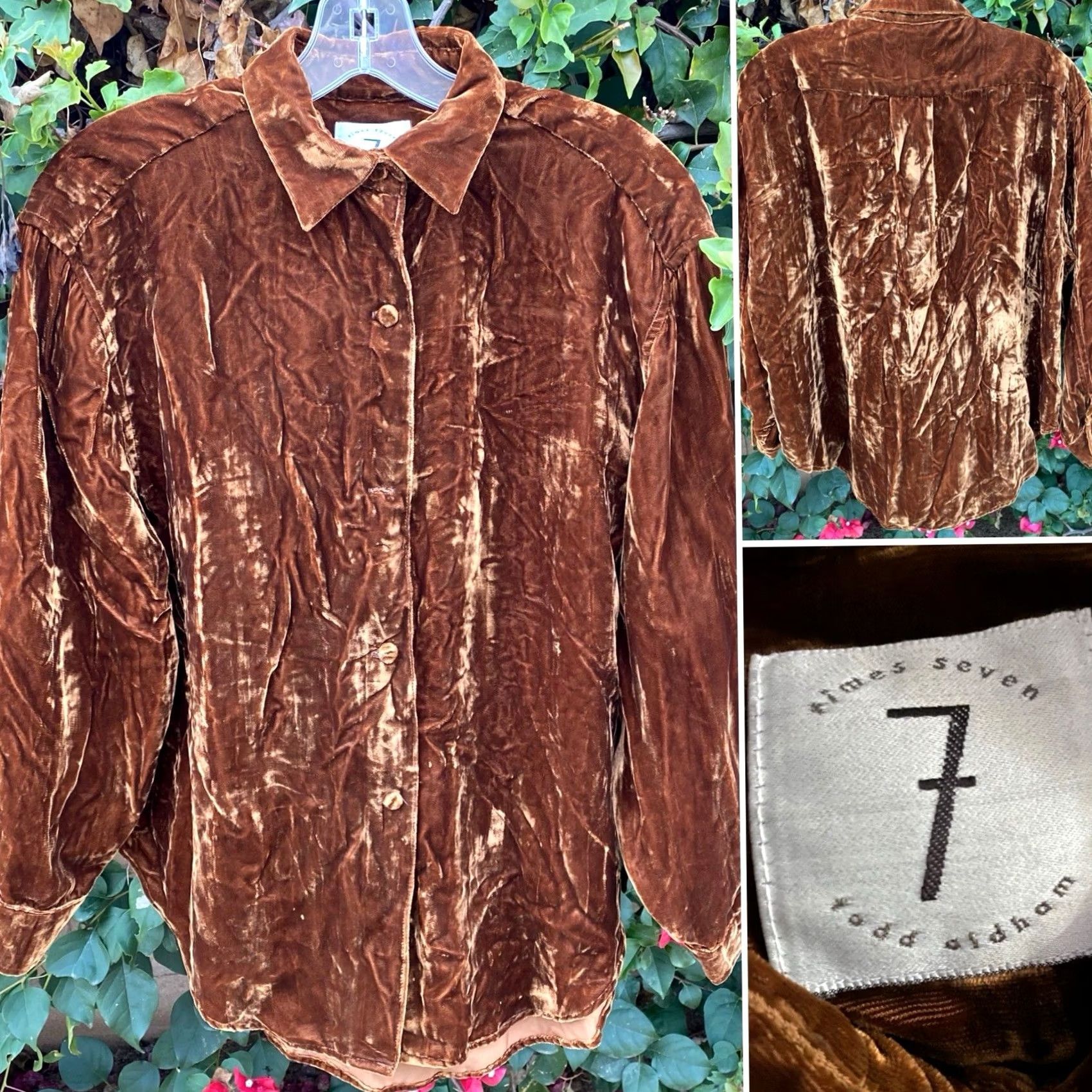 Vintage VINTAGE Times Seven Todd Oldham Button-Up Shirt Petite Brown Velvet Rayon 90s 00s Womens Size S / US 4 / IT 40 - 7 Thumbnail