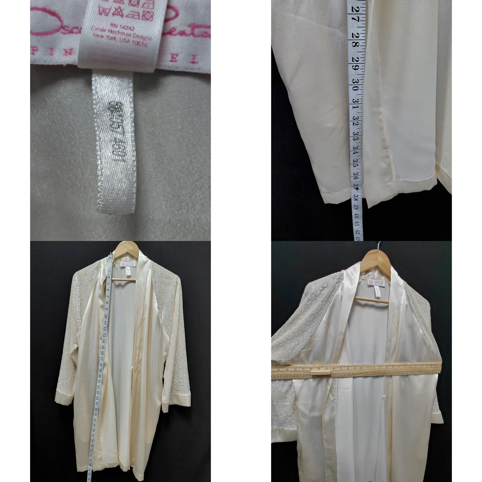 Vintage Oscar de la Renta Pink Label Satin Lace Robe Kimono Style Cream 3/4 Sleeve Belted Open Front V-Neck Lounge Womens S Size ONE SIZE - 8 Thumbnail