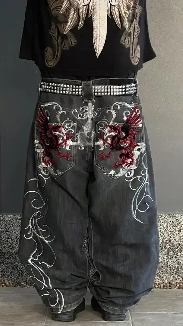 Designer × Japanese Brand Baggy Harajuku Embroidery Y2k Jean Size US 37 - 2 Thumbnail