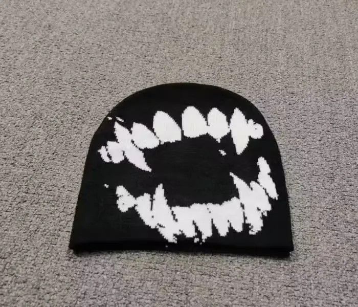 Japanese Brand Vampire Dracula Teeth Graphic No Cuff Beanie Hat Black Size ONE SIZE - 1 Thumbnail
