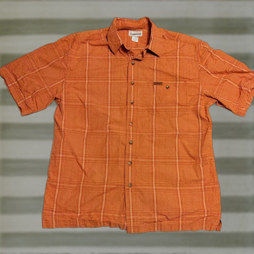 Carhartt CARHARTT Shirt Button-Up LT Orange Plaid Cotton Relaxed Fit Short Sleeve Mens Size US L / EU 52-54 / 3 - 1 Thumbnail