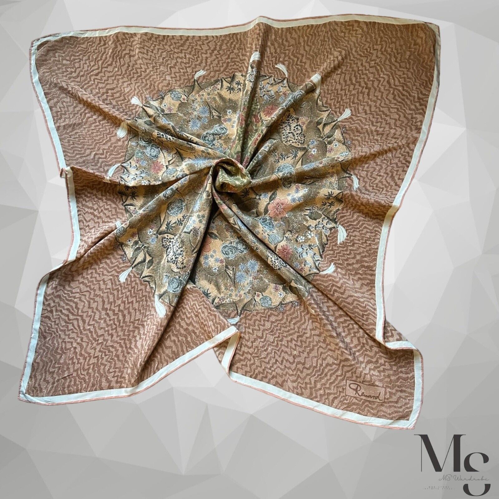 Other RENARD Beige & Brown Floral Silk Scarf 35" - 33´´ EX COND Size ONE SIZE - 2 Thumbnail