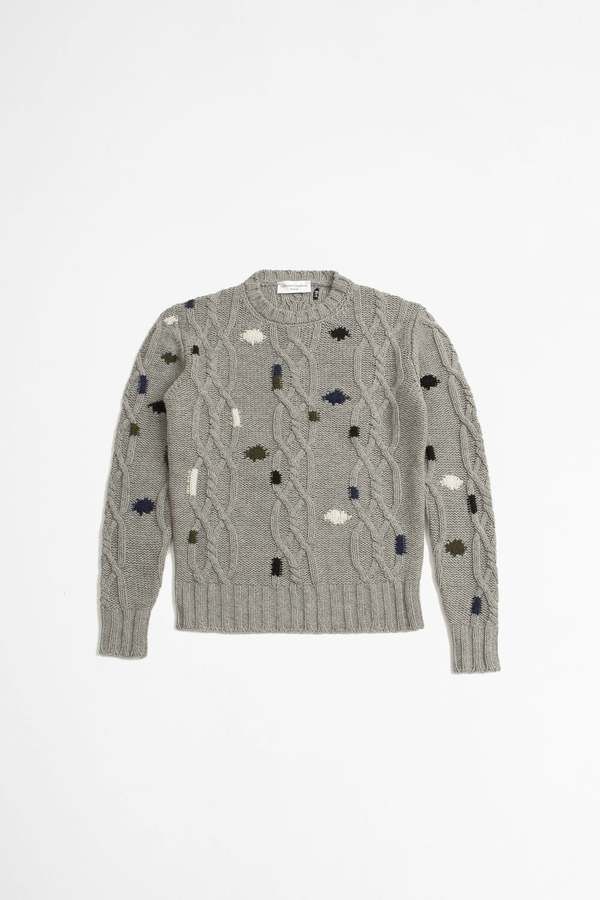 Officine Generale o1mle1025 Marco Cable Knit Intarsia Sweater in Gray Size US L / EU 52-54 / 3 - 1 Thumbnail