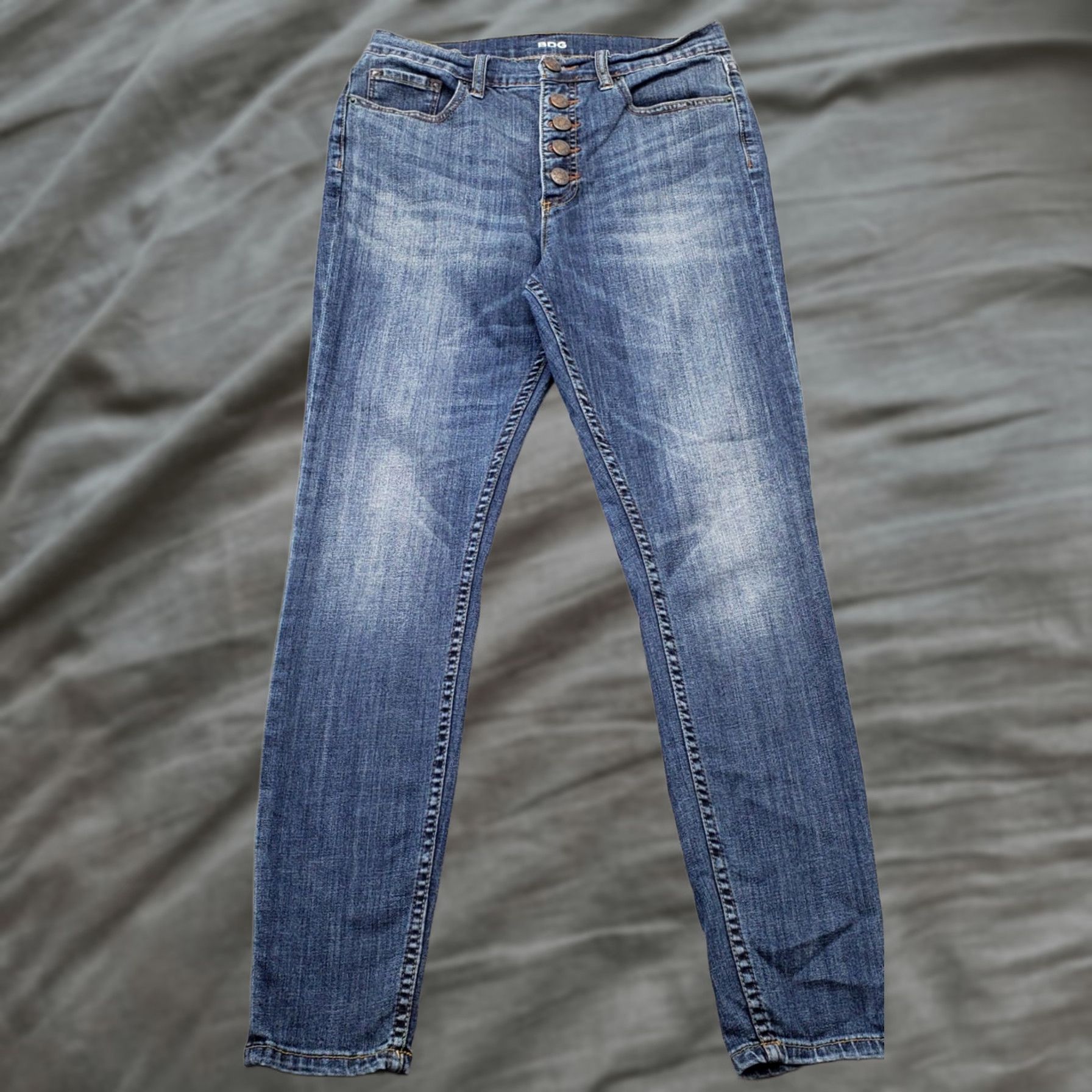 Bdg BDG Twig Ankle Jeans Womens 30 Blue Denim High Rise Stretch Whiskered Button Fly Jeans Women Size 30 Blue Skinny 5-Pocket Design Mens Size 30" / US 8 / IT 44 - 1 Thumbnail