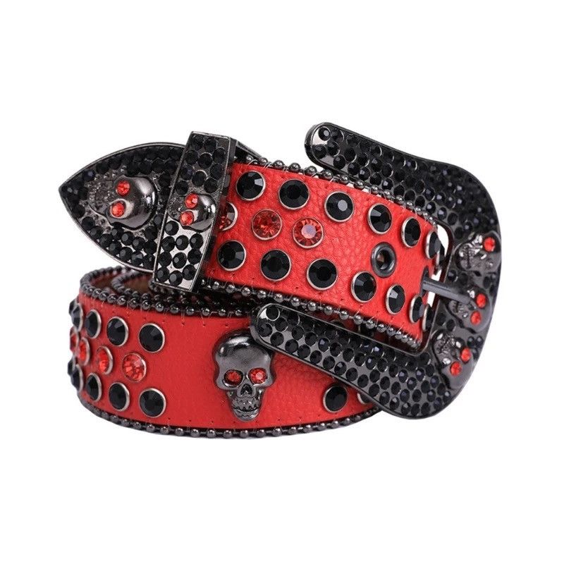 image of Red Color Pu-Leather Strap Rhinestone Buckle Belts in Black, Men's
