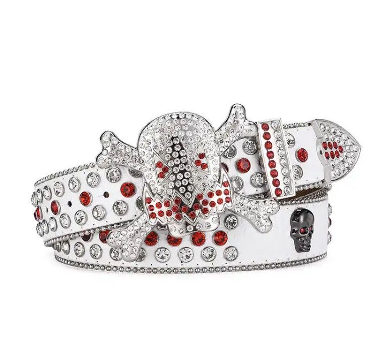 image of White Color Skull Buckle Rhinestones Pu Leather Belt, Men's