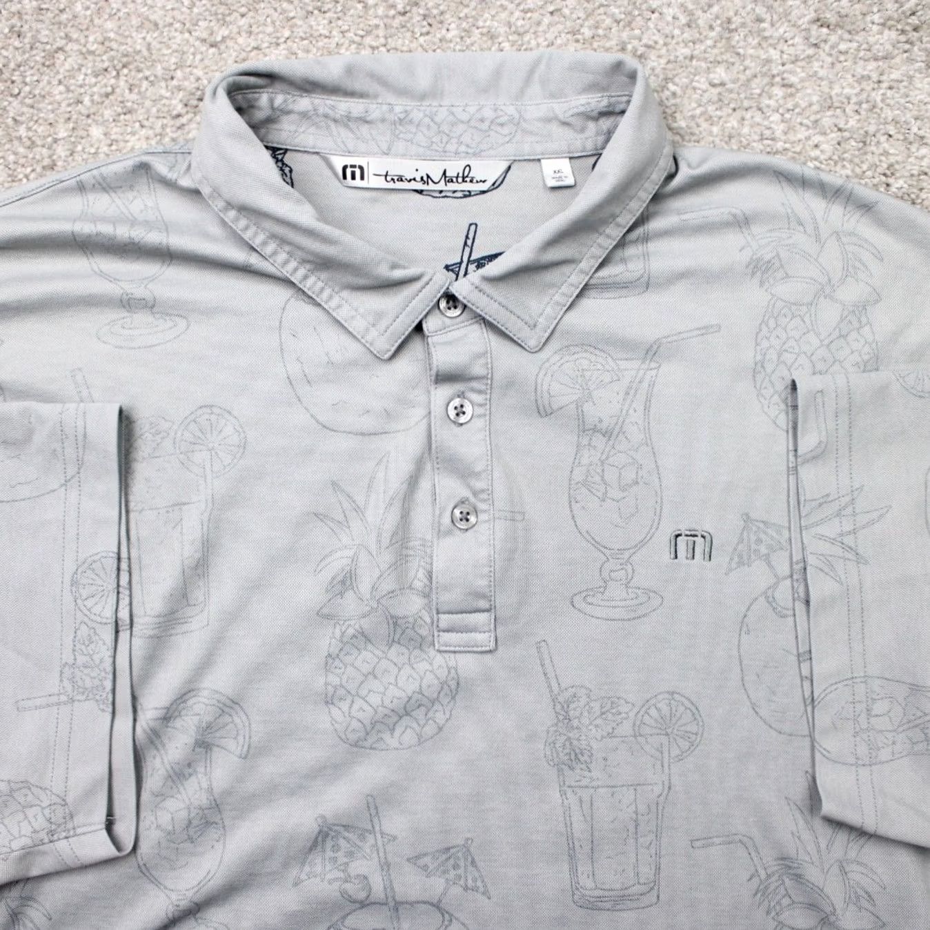 TravisMathew Travis Mathew Polo Shirt Men 2XL Gray Short Sleeve Graphic Print Pineapple Drink Golf S/S Polo Shirt Gr ay 2XL XXL Mens Gear Size US XXL / EU 58 / 5 - 2 Thumbnail