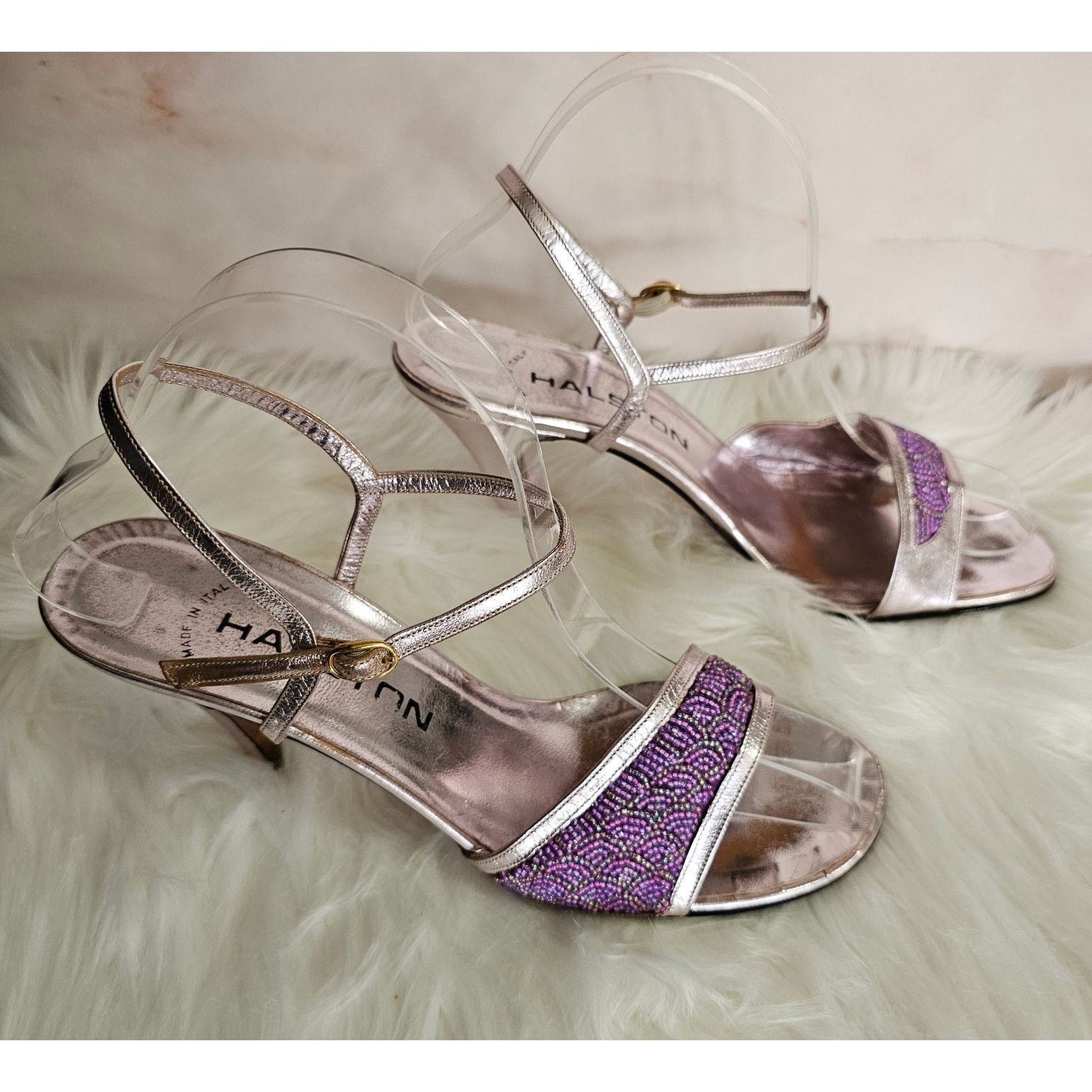 Halston EUC VTG HALSTON Lavander Beaded Metallic Heel Sandals 7.5 Size US 7.5 / IT 37.5 - 3 Thumbnail