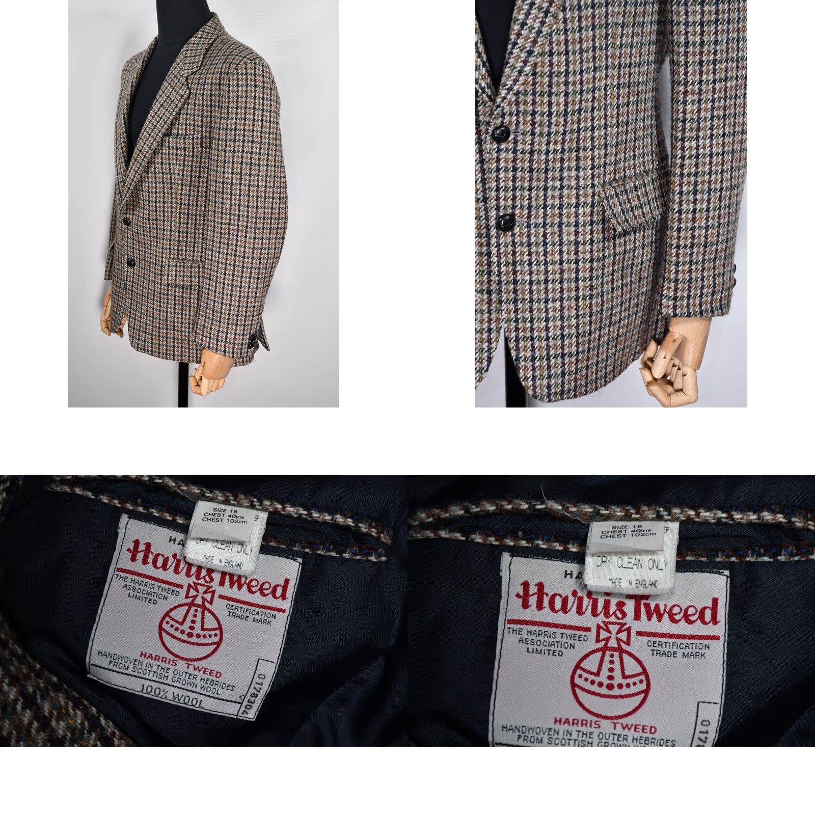 Harris Tweed Harris Tweed Blazer Shirt England Houndstooth Men's Wool 40" 18 Multicolor Chest 22" Very Good Pattern 80s/90s Mens Size 48R - 8 Thumbnail