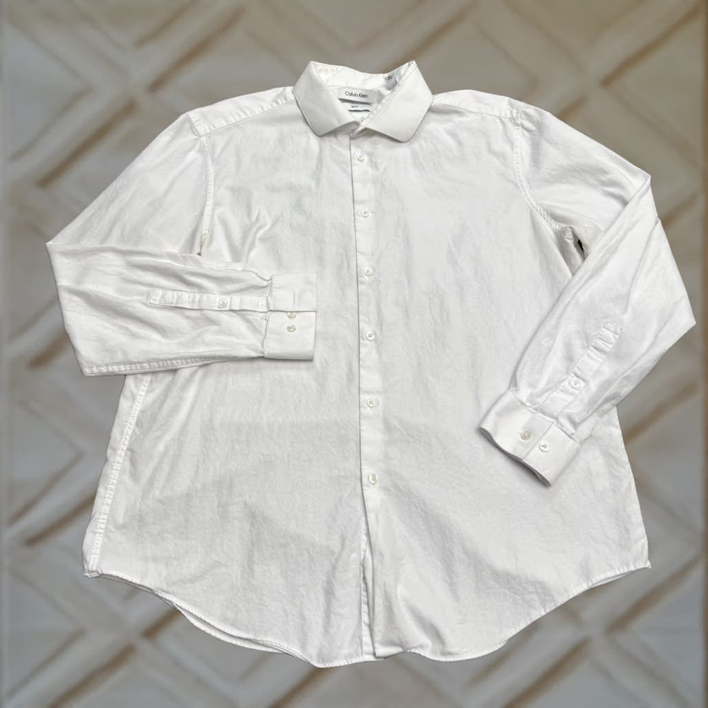 Calvin Klein Calvin Klein Slim Fit Dress Shirt Mens 17 34/35 White Textured 100% Cotton Work Shirt Mens Size 46R - 1 Thumbnail