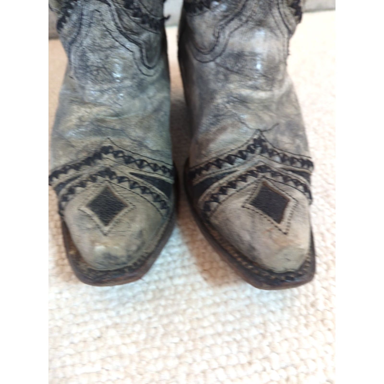 Vintage Corral Boots Cowgirl Western Leather Snip Toe Black Gray Inlay 7M Mid Calf Size US 7 / IT 37 - 3 Thumbnail