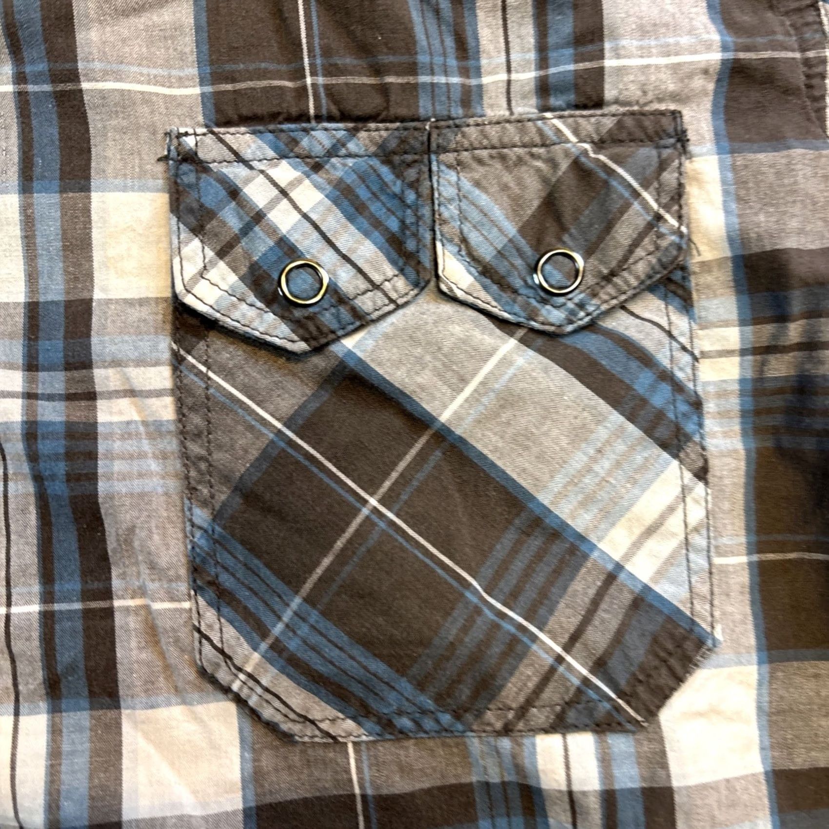 JNCO JNCO Crown Brand Shirt Adult XL Blue Gray Plaid Button-Up Short Sleeve Slim Fit Regular I Colorful Western Modern Mens Size US XL / EU 56 / 4 - 2 Thumbnail