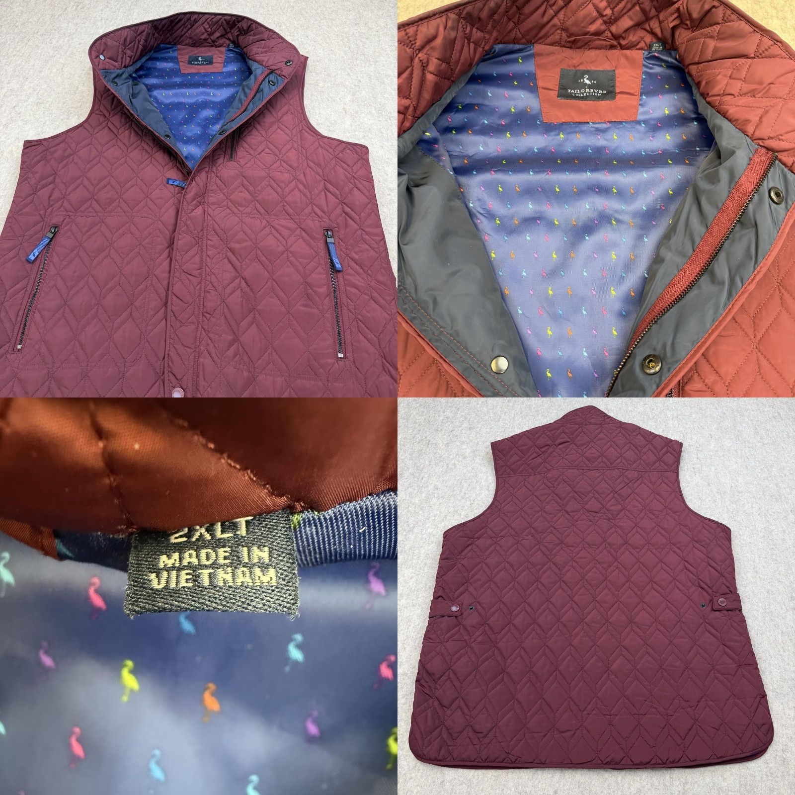 Tailorbyrd TailorByrd Vest Mens 2XLT Burgundy Red Quilted Zip Pockets Lined Flamingo Bird Size US XXL / EU 58 / 5 - 8 Thumbnail