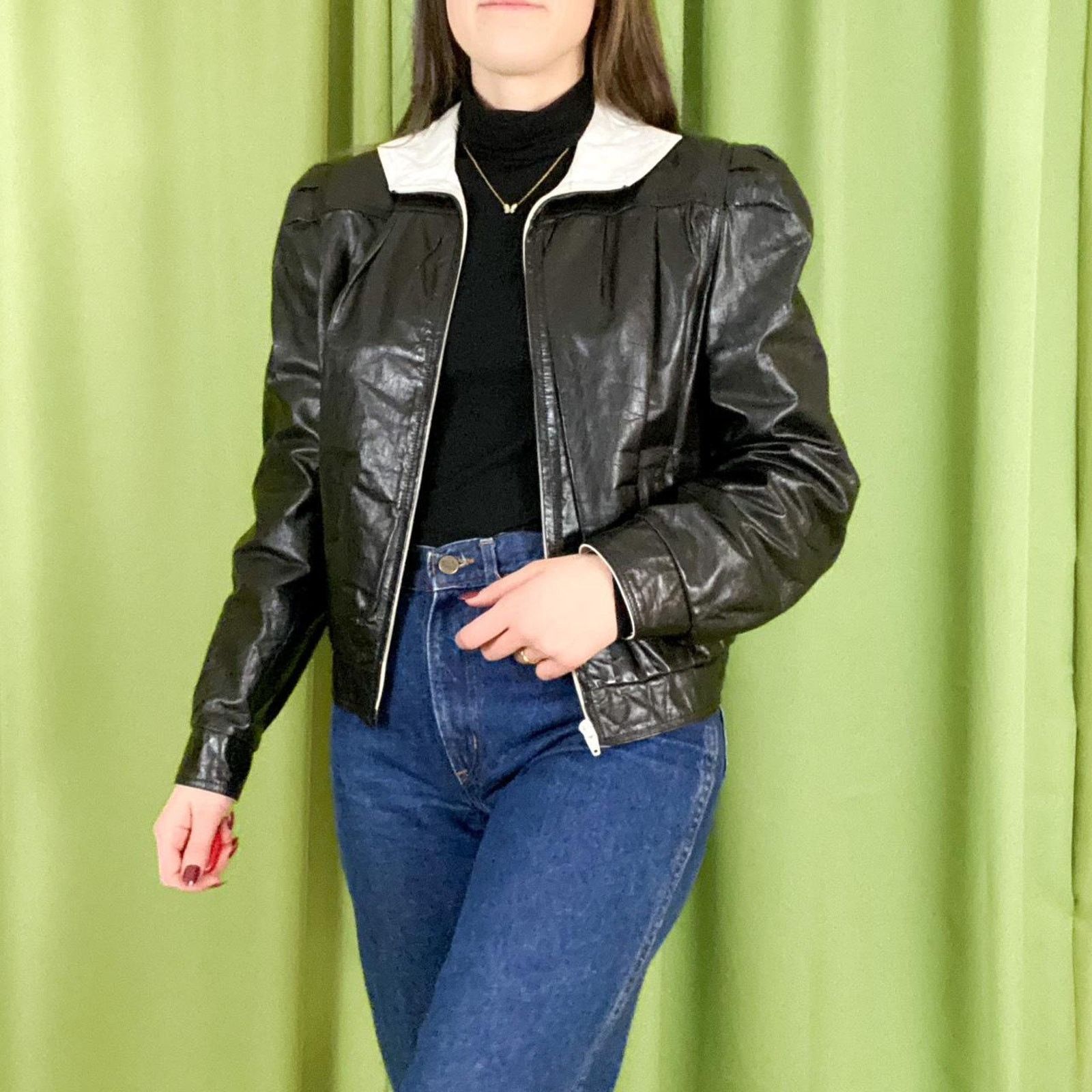 Vintage 80s Vintage Black White Genuine Leather Bomber Jacket Size S / US 4 / IT 40 - 1 Thumbnail