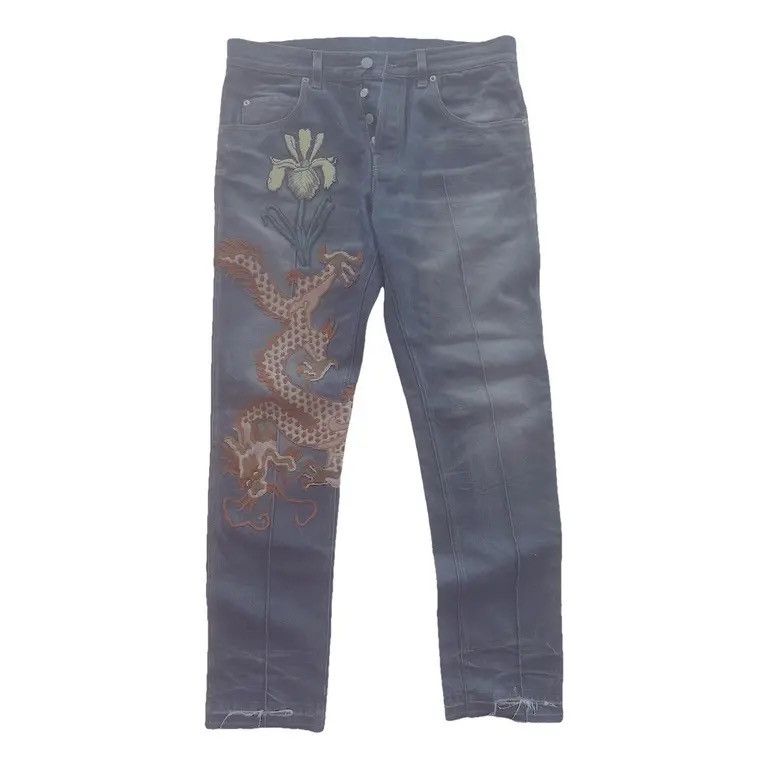 Gucci Dragon Embroidered Jeans with Raw Hems | Grailed