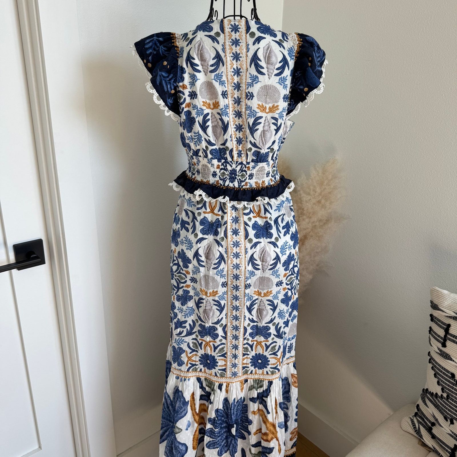 CAROLINE CONSTAS Caroline Constas Blue Floral Tapestry Ruffle Maxi Dress Size XS / US 0-2 / IT 36-38 - 3 Thumbnail