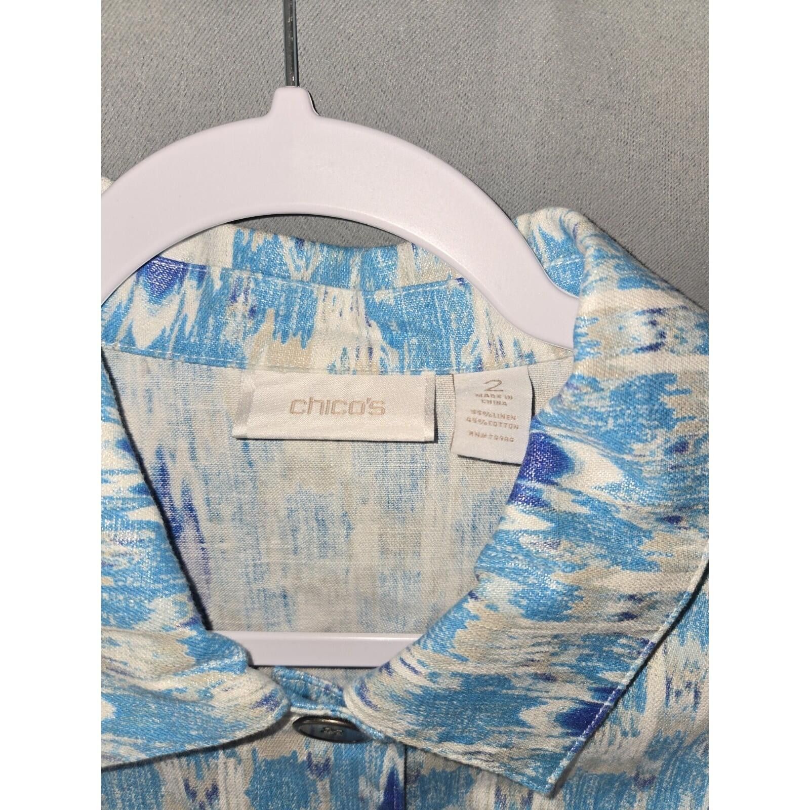Chicos Chico's Linen Cotton Ikat Print Button Front Jacket Blue 2 Size M / US 6-8 / IT 42-44 - 3 Thumbnail