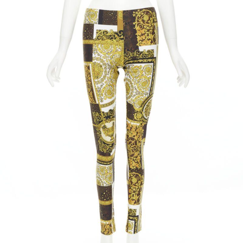 Versace new VERSACE 2021 Mosaic Barocco brown gold print stretchy legging pant IT44 L Size 30" / US 8 / IT 44 - 1 Thumbnail