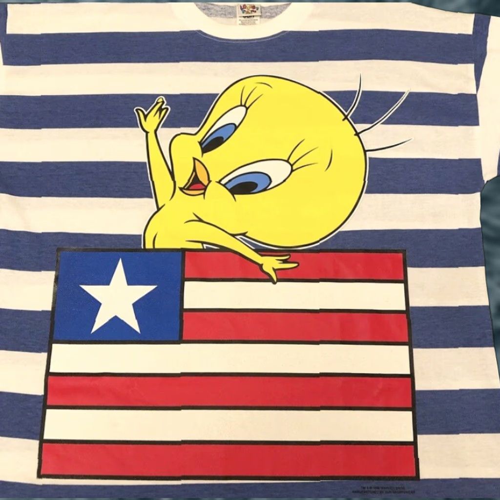 VINTAGE 90s Looney Tunes Tweety Flag Shirt L Multicolor VTG 1996 Warner Bros Mens