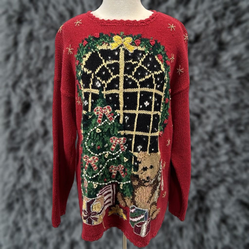 Vintage Vintage Tiara International Christmas Sweater Large Women’s Red Teddy Bear Beaded Size L / US 10 / IT 46 - 1 Thumbnail