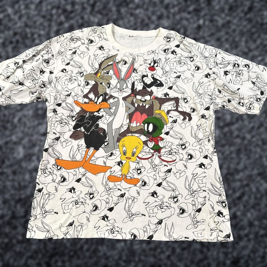 Vintage Looney Tunes All Over Print Shirt Mens XL White Character Graphic Tee Cartoon Size US XL / EU 56 / 4 - 1 Thumbnail