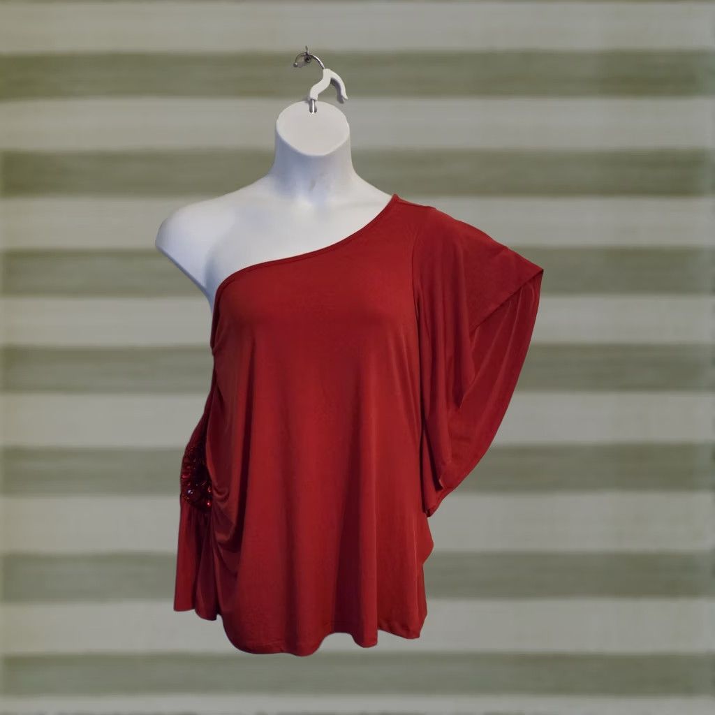 Vintage Lane Bryant Blouse One Shoulder Beaded Rhinestones NWT Red Sleeveless Plus 24 Blouse Womens Size 4XL / US 24-26 - 1 Thumbnail
