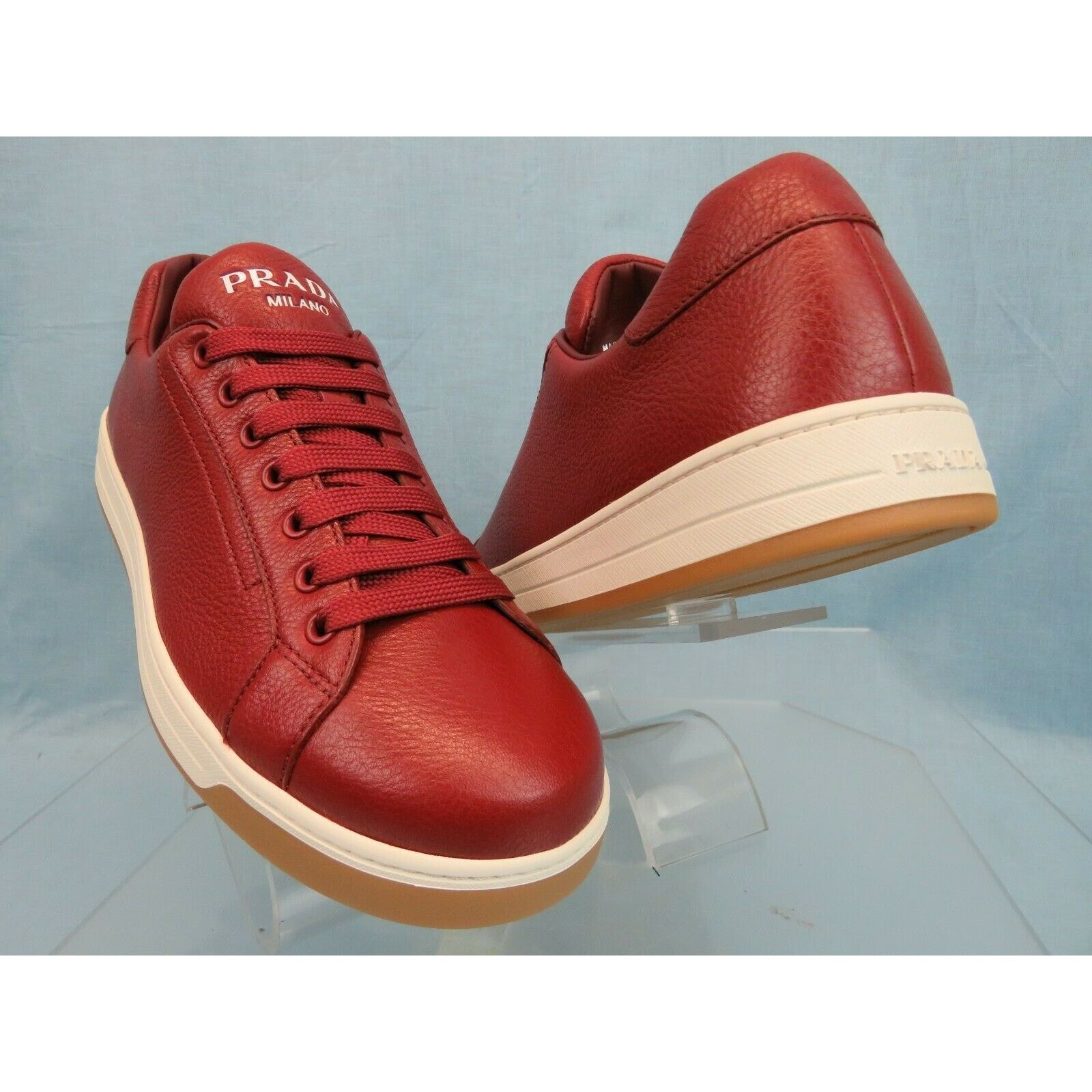 Prada 4E3507 RED TEXTURED LEATHER LOGO LOW TOP SNEAKERS 7.5 Size US 8.5 / EU 41-42 - 1 Thumbnail