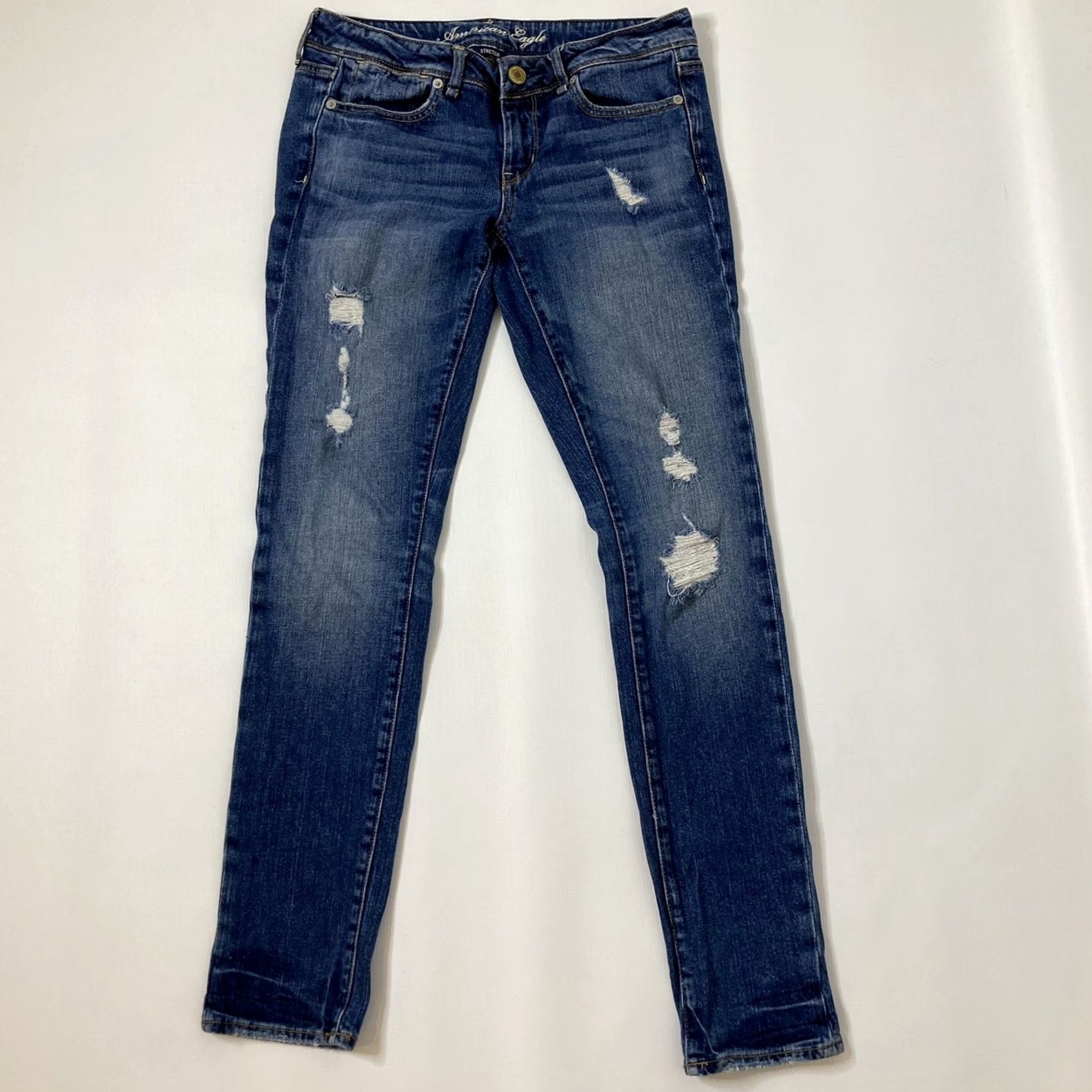 American Eagle Outfitters AEO American Eagle Slouchy Skinny Jeans 2 Blue Distressed Rip Stretch Denim Jeans Women XS- Regular Slim 30in Inseam Belt Loops Distressed Size 26" / US 2 / IT 38 - 2 Thumbnail