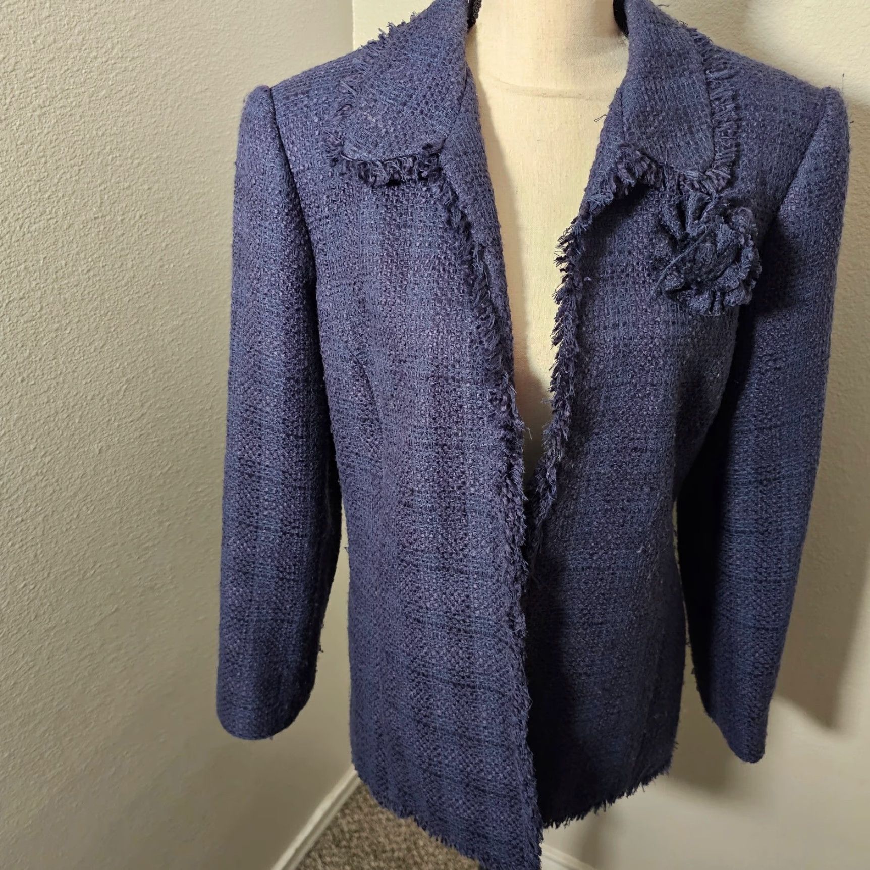 Vintage Alfred Dunner Blazer Women's 14 Blue Rose Accent Lightweight Lined Knit Size XL / US 12-14 / IT 48-50 - 5 Thumbnail