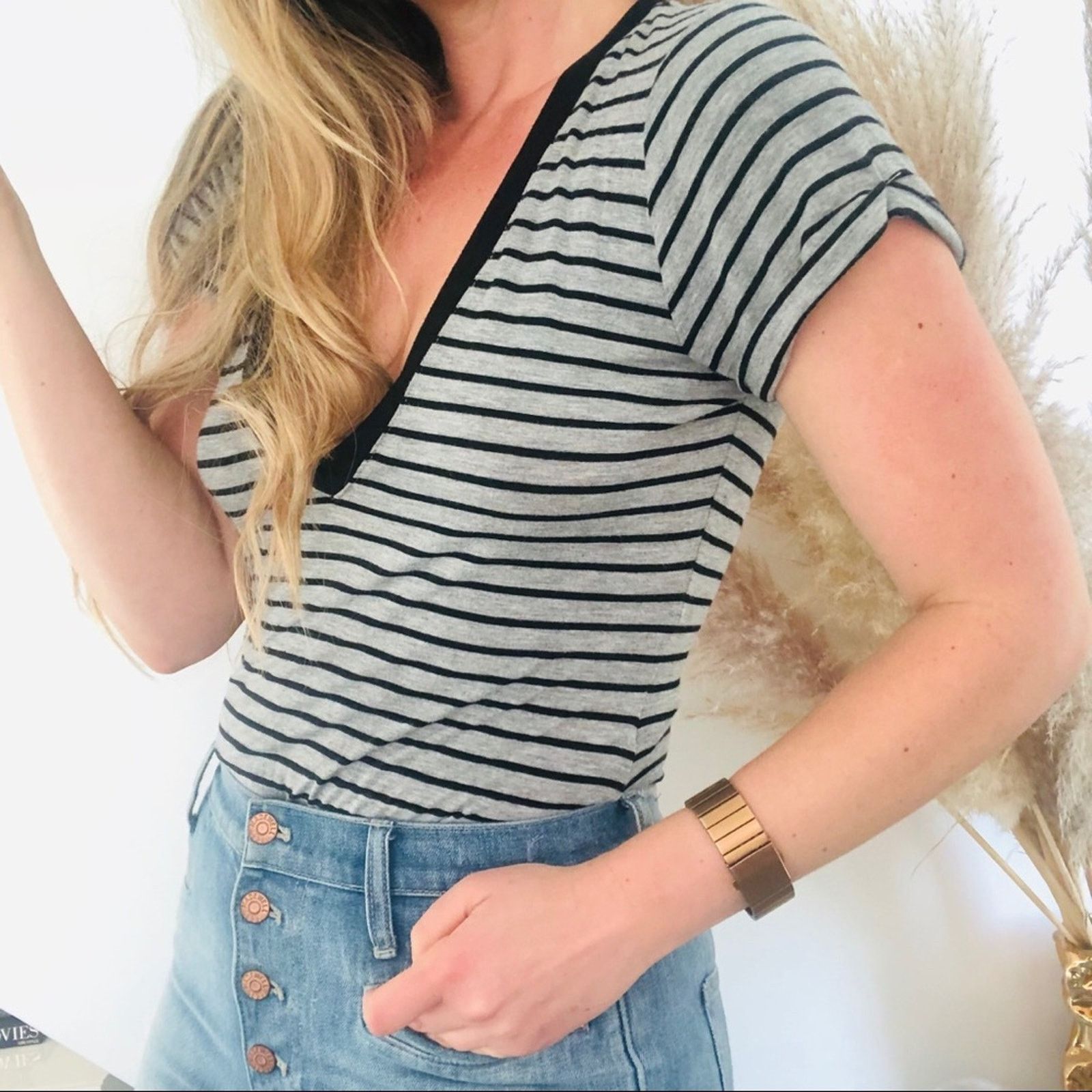 FREE PEOPLE Grey Black Striped Short Sleeve Bodysuit Top Tee