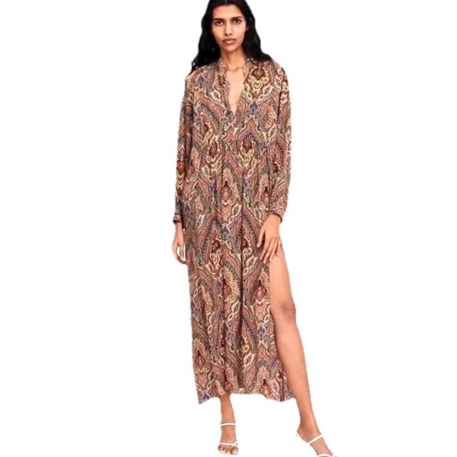 Zara Zara Bohemian Print Paisley Maxi Dress Ocher Side Slit Tunic USA XS-S Women Maxi Dress Brown Paisley Bohemian Shirt Dress Womens Size S / US 4 / IT 40 - 2 Thumbnail