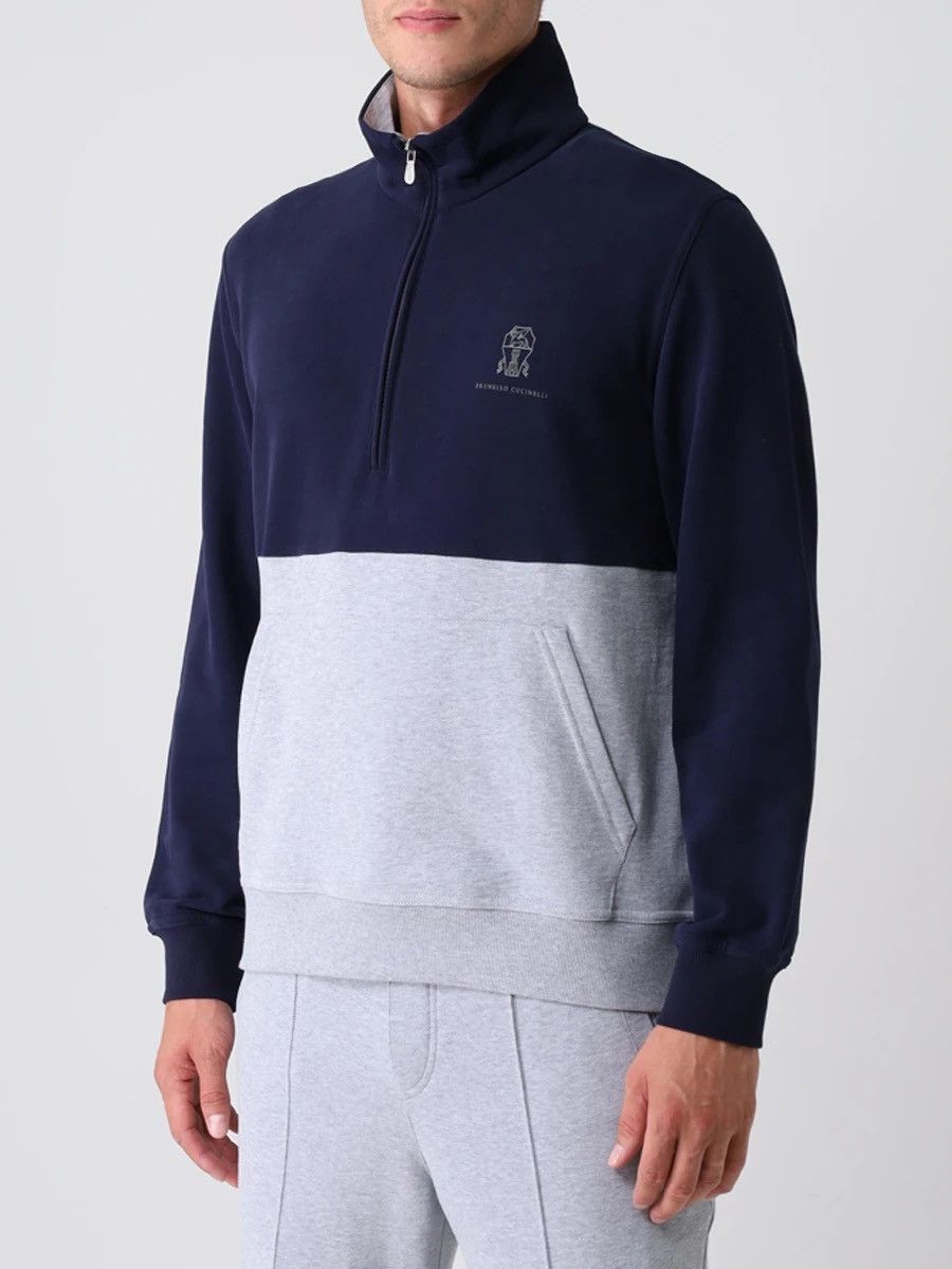 Brunello Cucinelli Logo-Print Two-Tone Cotton-Jersey Half-Zip Sweatshirt - Blue Size US XS / EU 42 / 0 - 1 Thumbnail