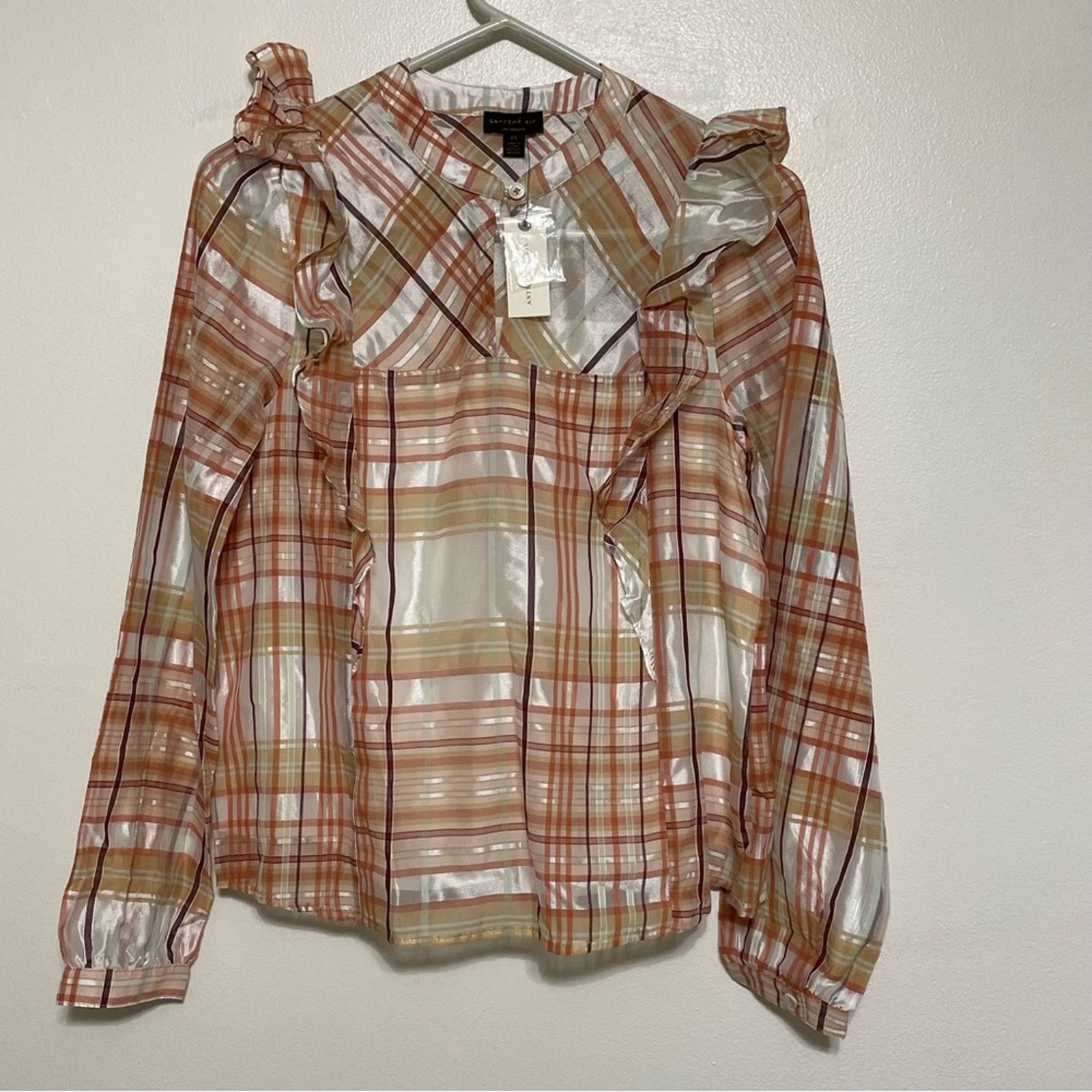 Anthropologie CURRENT AIR ANTHROPOLOGIE Pink Rose Plaid Blouse Size XS NWT Size XS / US 0-2 / IT 36-38 - 1 Thumbnail