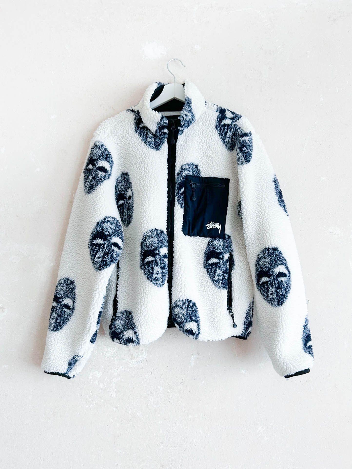 Men's Stussy Mask Jacquard Sherpa Stand Collar Jacket White