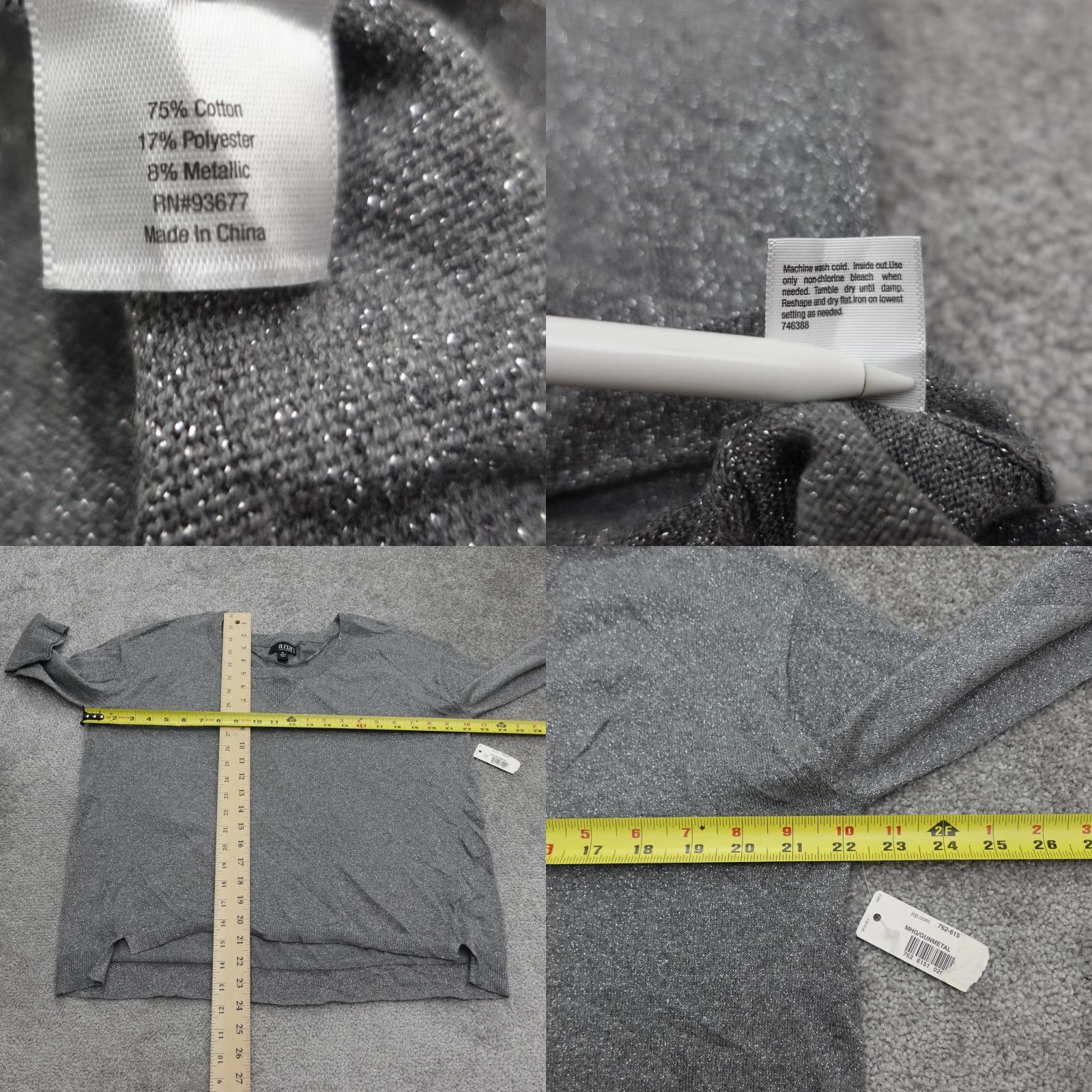 Vintage A.N.A. A New Approach Sweater Womens PL Gray Metallic Crew Neck Pullover NWT Knit Cotton Polyester Glitter All Seasons Regular Petite Womens Sweater Size L / US 10 / IT 46 - 8 Thumbnail