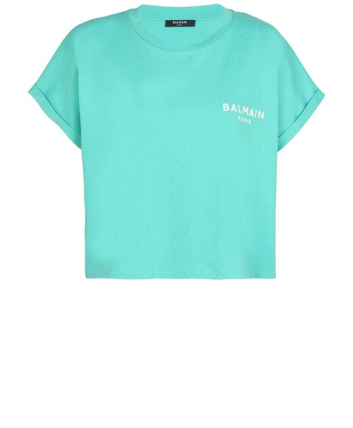 image of Balmain O1Srvl11E0524 Cropped T-Shirt In Light Blue, Women's (Size Small)