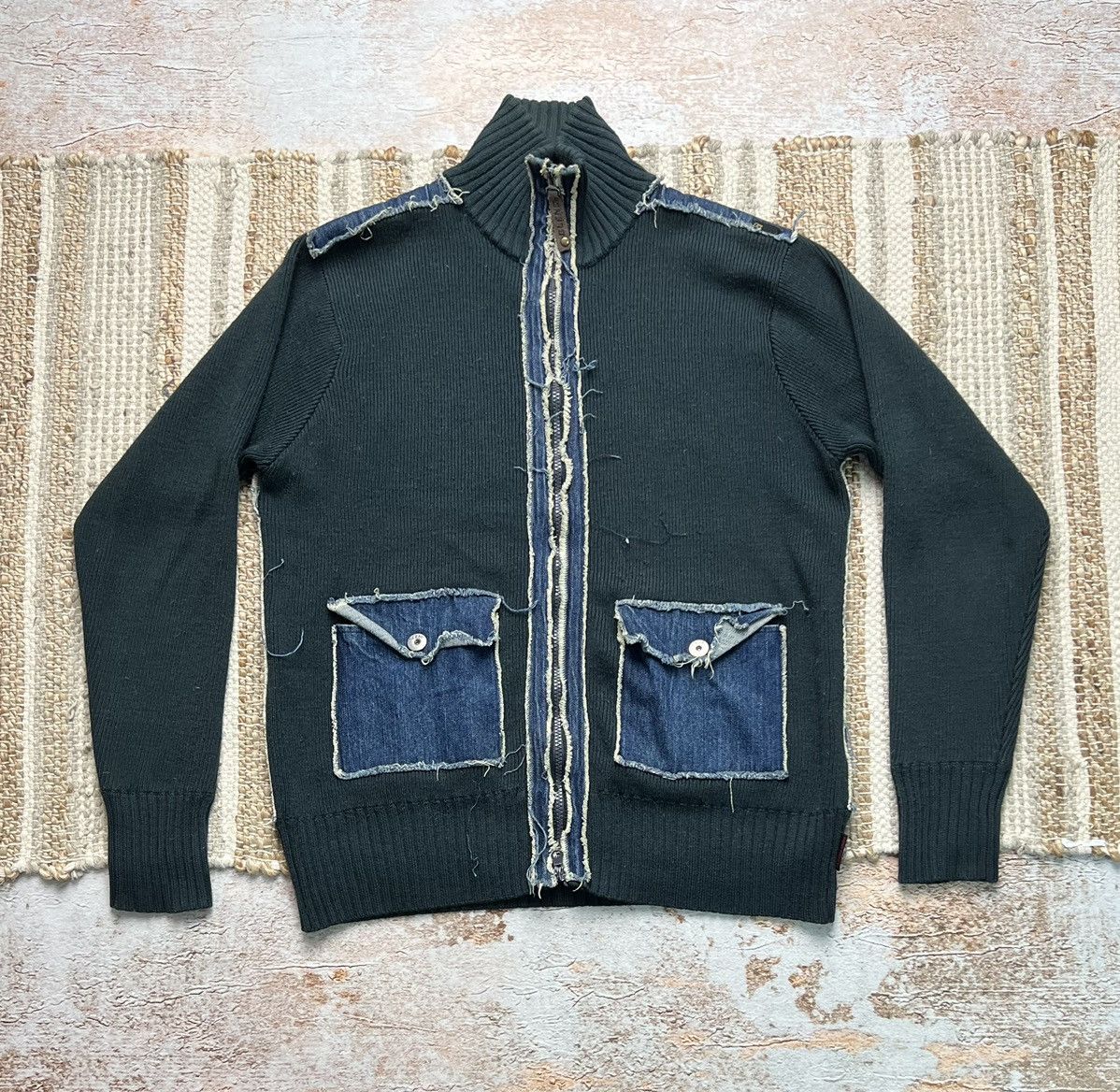 image of Avant Garde x Vintage Japanese Zip Cotton/denim Sweater in Navy, Men's (Size Medium)