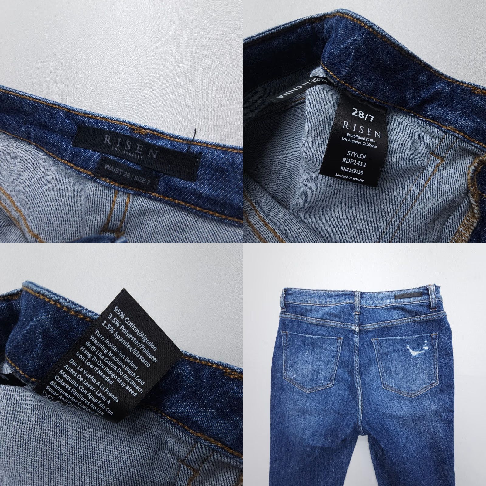 Vintage Risen Jeans Womens 28 High Rise Button Fly Distressed Straight Dark Wash Denim Blue 5-Pocket Stretch Size 28" / US 6 / IT 42 - 8 Thumbnail